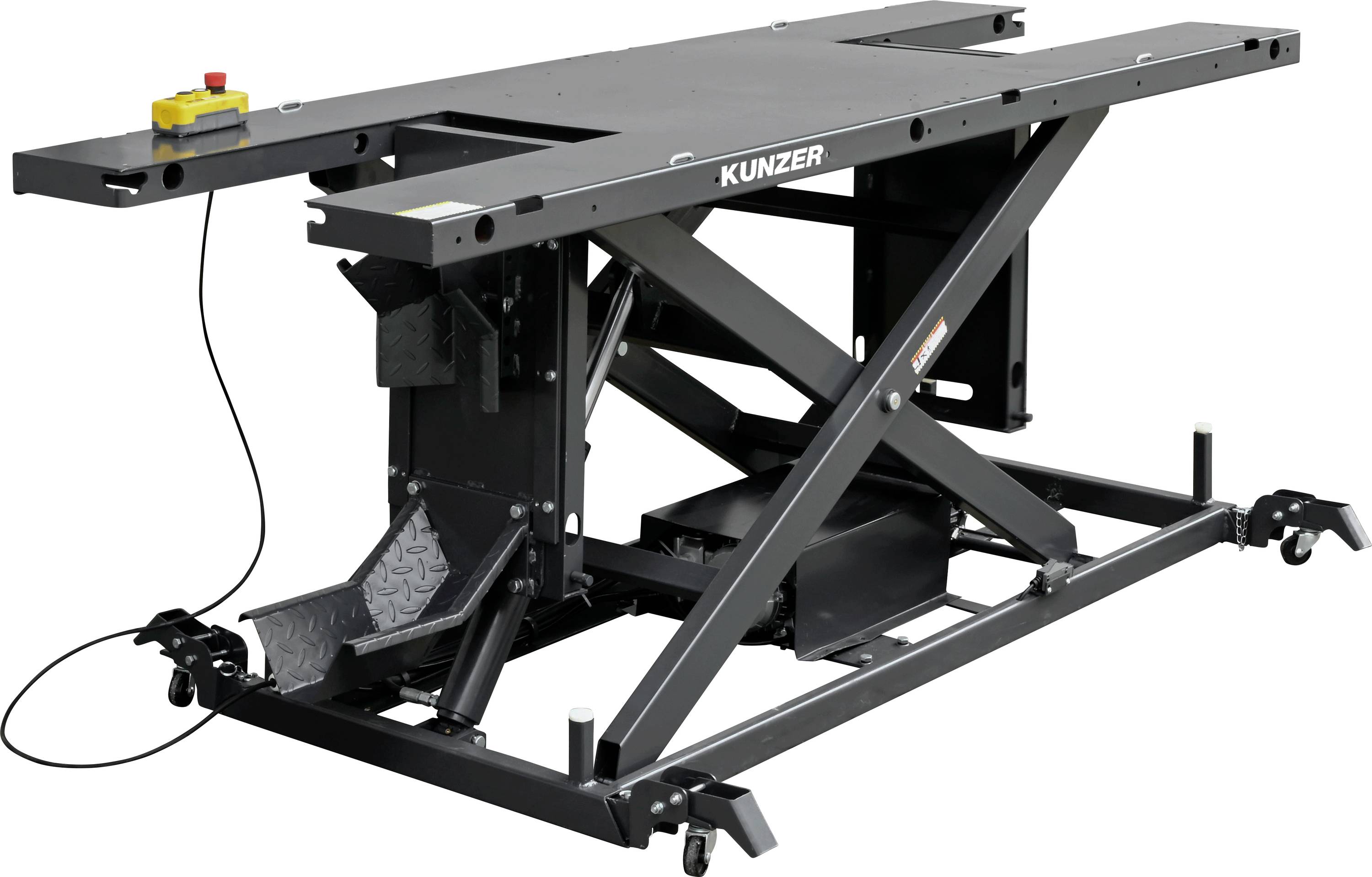 Motorrad-Hubwagen mit Hydrauliksystem und Fußpedalsteuerung. Konstruiert für einfaches Heben und Wartung von Motorrädern.