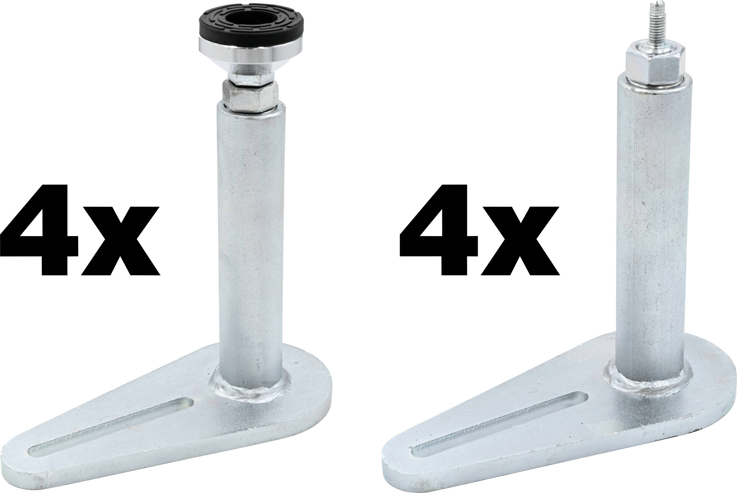 4x verstellbarer Metallfuß auf der linken Seite, 4x gerade Befestigungsfuß auf der rechten Seite, beide mit rechteckiger Basis zur Installationsunterstützung.