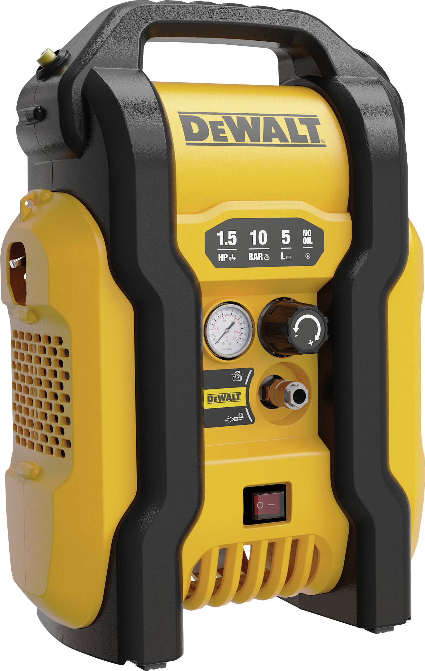 Ein gelber DeWalt Luftkompressor mit schwarzen Akzenten, auf dem „1,5 PS