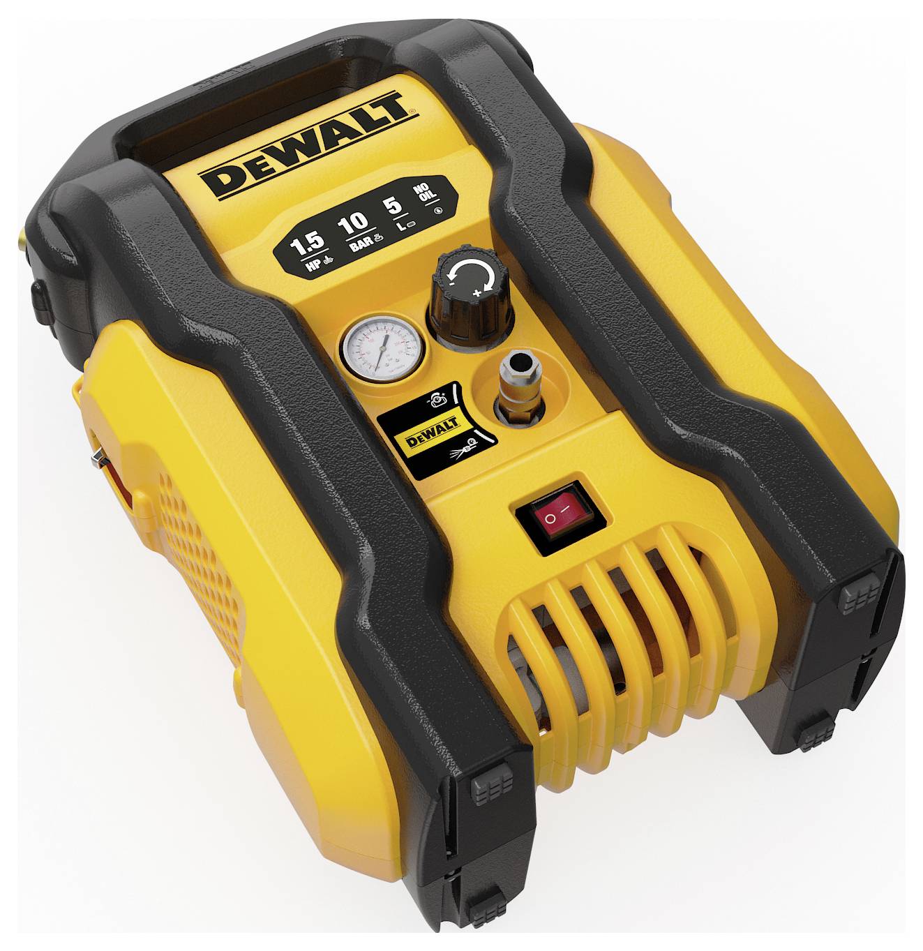 Ein tragbarer Luftkompressor in Gelb und Schwarz mit Manometern und Bedienelementen oben, mit der Bezeichnung 