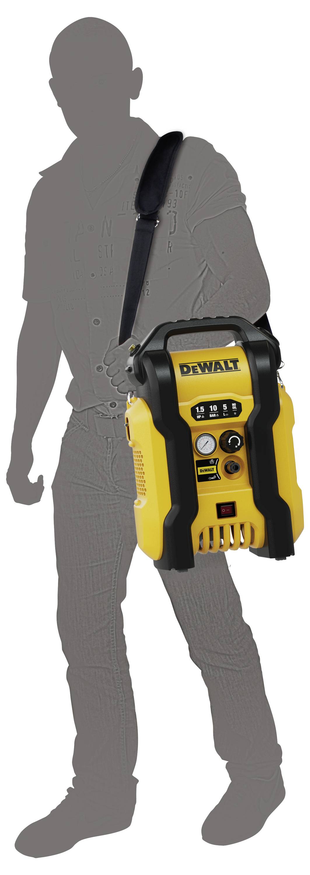 DeWalt Luftkompressor, von einer Person getragen, wobei Tragbarkeit und Design mit ergonomischem Griff und Bedienfeld auf der Vorderseite hervorgehoben werden.