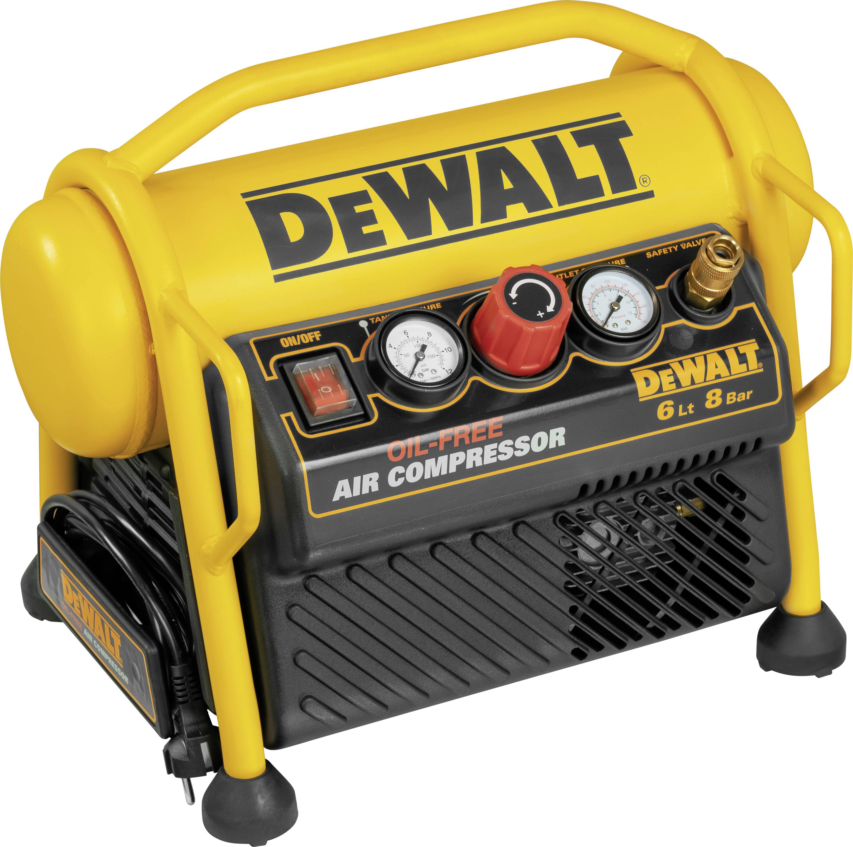 Gelber ölfreier Luftkompressor von DeWalt, 6 L Fassungsvermögen, 8 bar Druck. Einschließlich Manometer und Steuerelemente auf der Frontplatte.