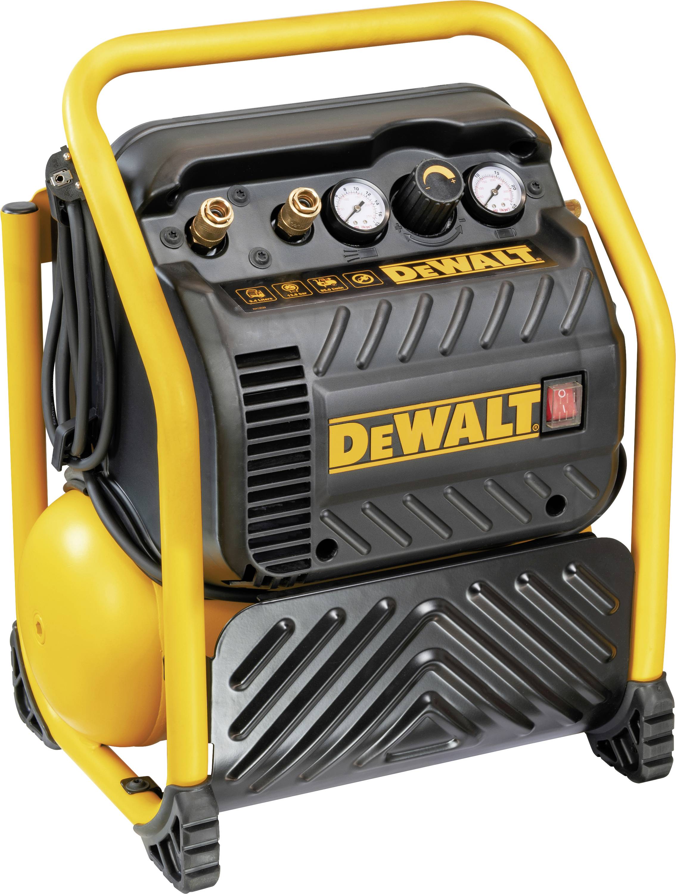 Ein tragbarer Luftkompressor mit schwarz-gelbem Design, ausgestattet mit zwei Druckmessern, Kupfersteckverbindern und einem „DEWALT