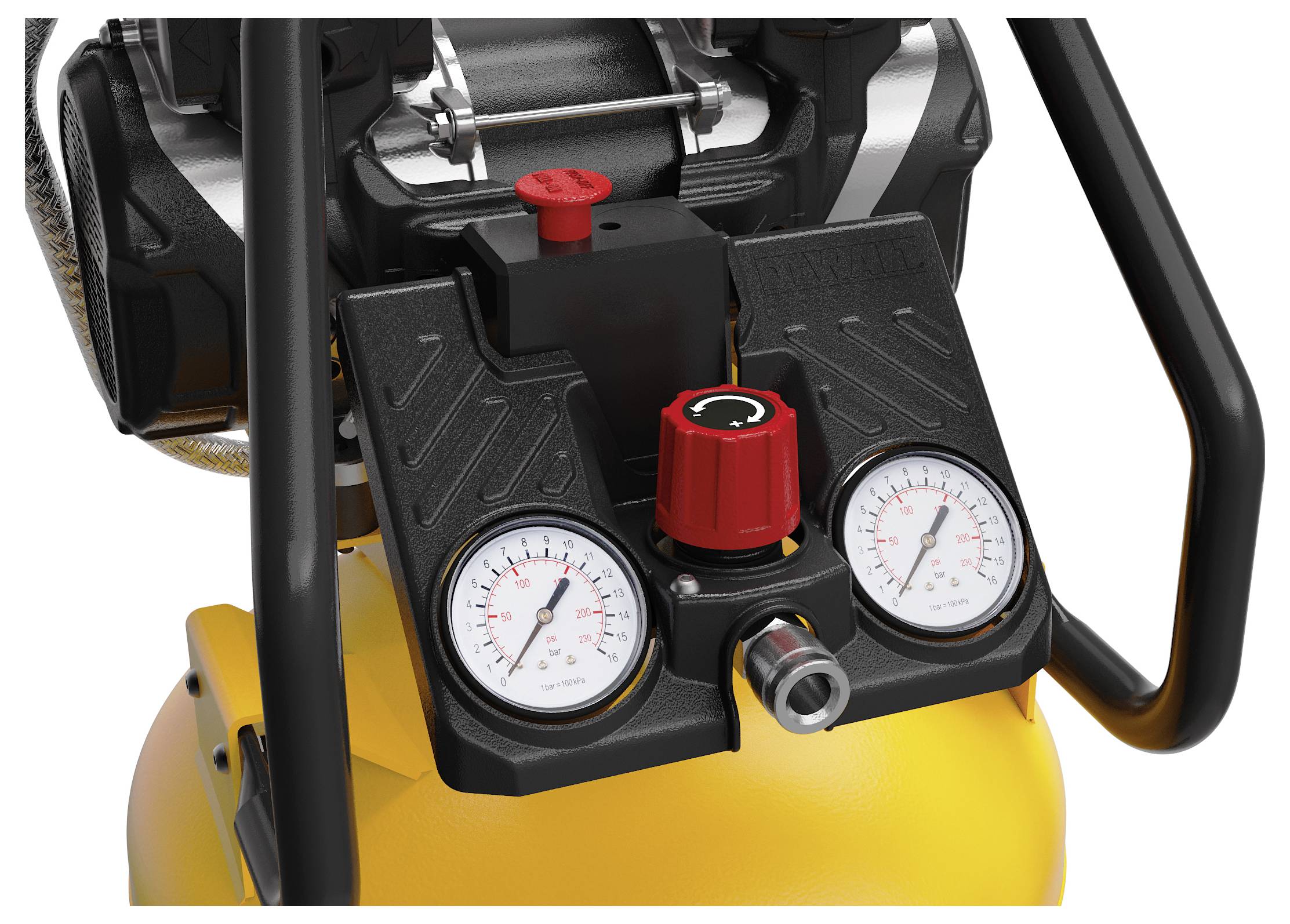 Nahaufnahme einer Steuerungsplatte eines Luftkompressors mit einem roten Knopf und zwei Druckmessern, die Messwerte anzeigen.