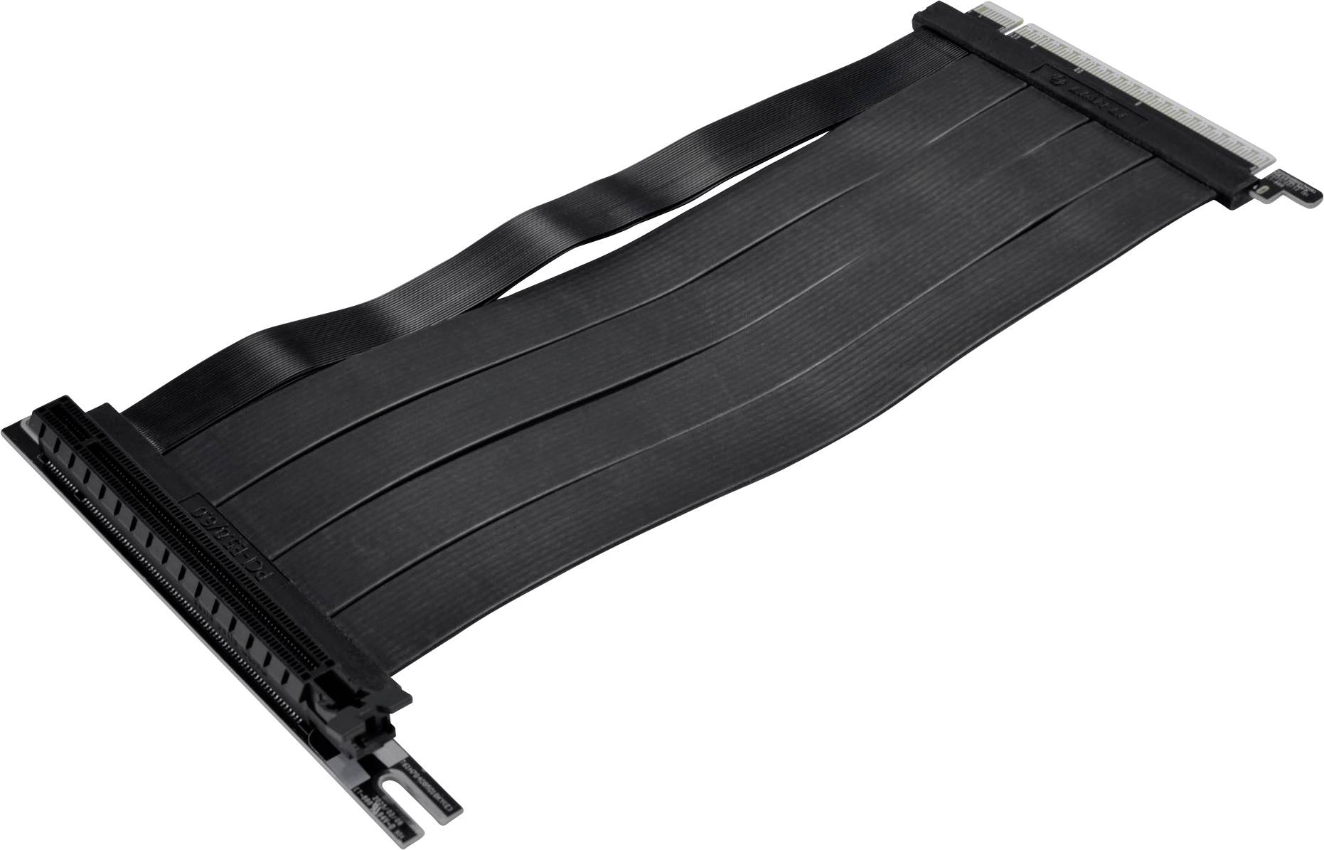 Ein schwarzes PCIe 4.0-Riser-Kabel mit Anschlüssen an beiden Enden, das zum vertikalen Einbau einer Grafikkarte im Computergehäuse verwendet wird.