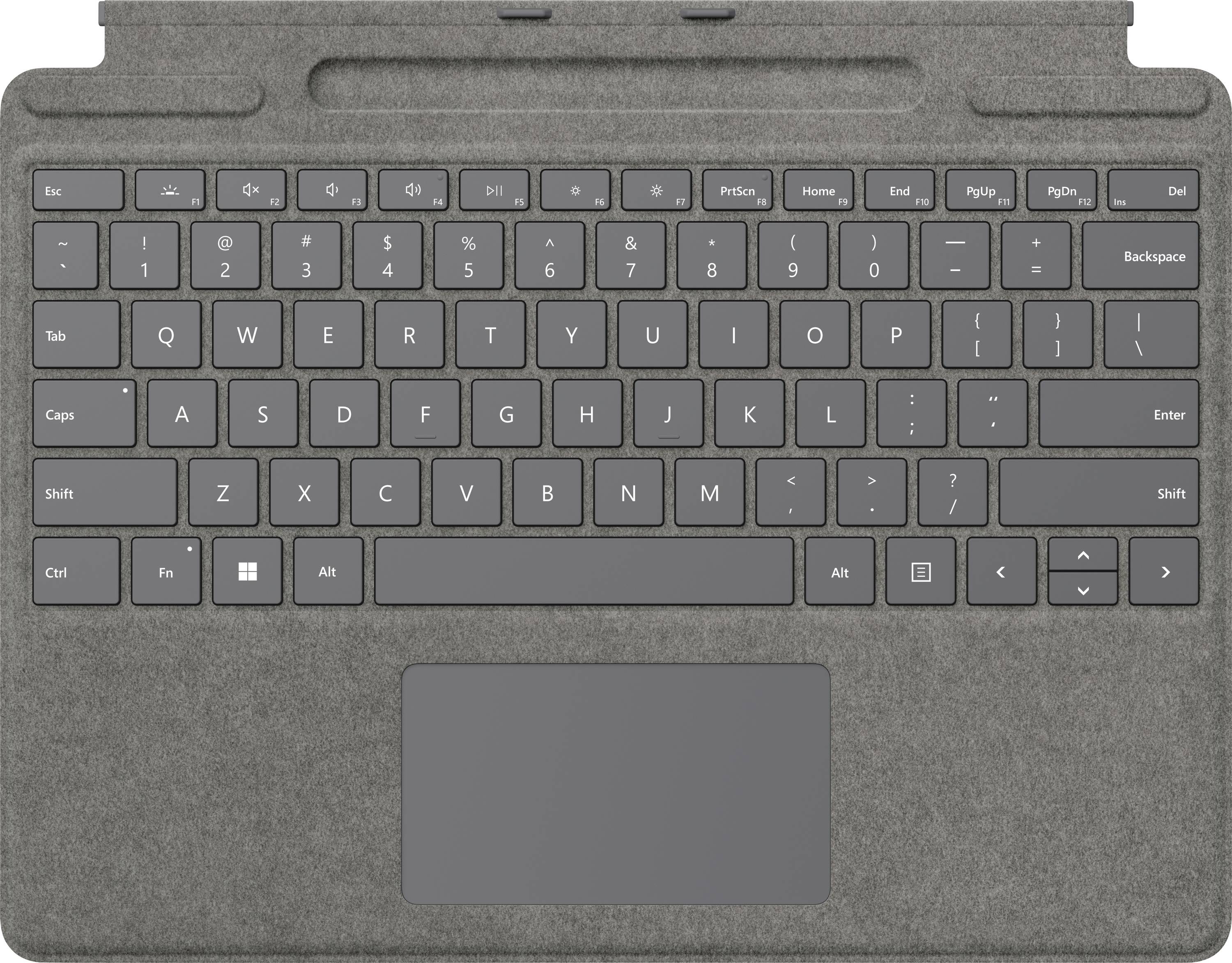 Eine graue Tastaturabdeckung mit Touchpad, entwickelt für ein Tablet oder 2-in-1-Gerät. Sie verfügt über Standard-Tasten und Funktionstasten.