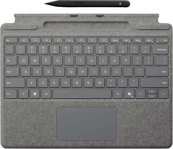 Eine graue Tastaturabdeckung mit Touchpad wird gezeigt, zusammen mit einem schwarzen Stylus-Stift darüber. Geeignet für Tablet-Geräte.