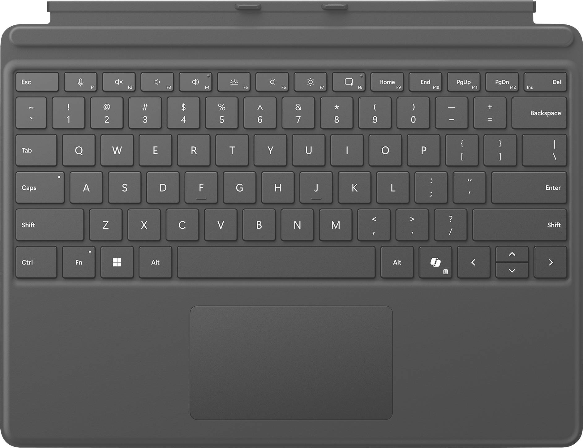 Eine schwarze Laptop-Tastatur mit einem Touchpad darunter. Die Tasten umfassen Funktionstasten, eine Standard-QWERTZ-Tastatur und Schnellzugriftstasten.