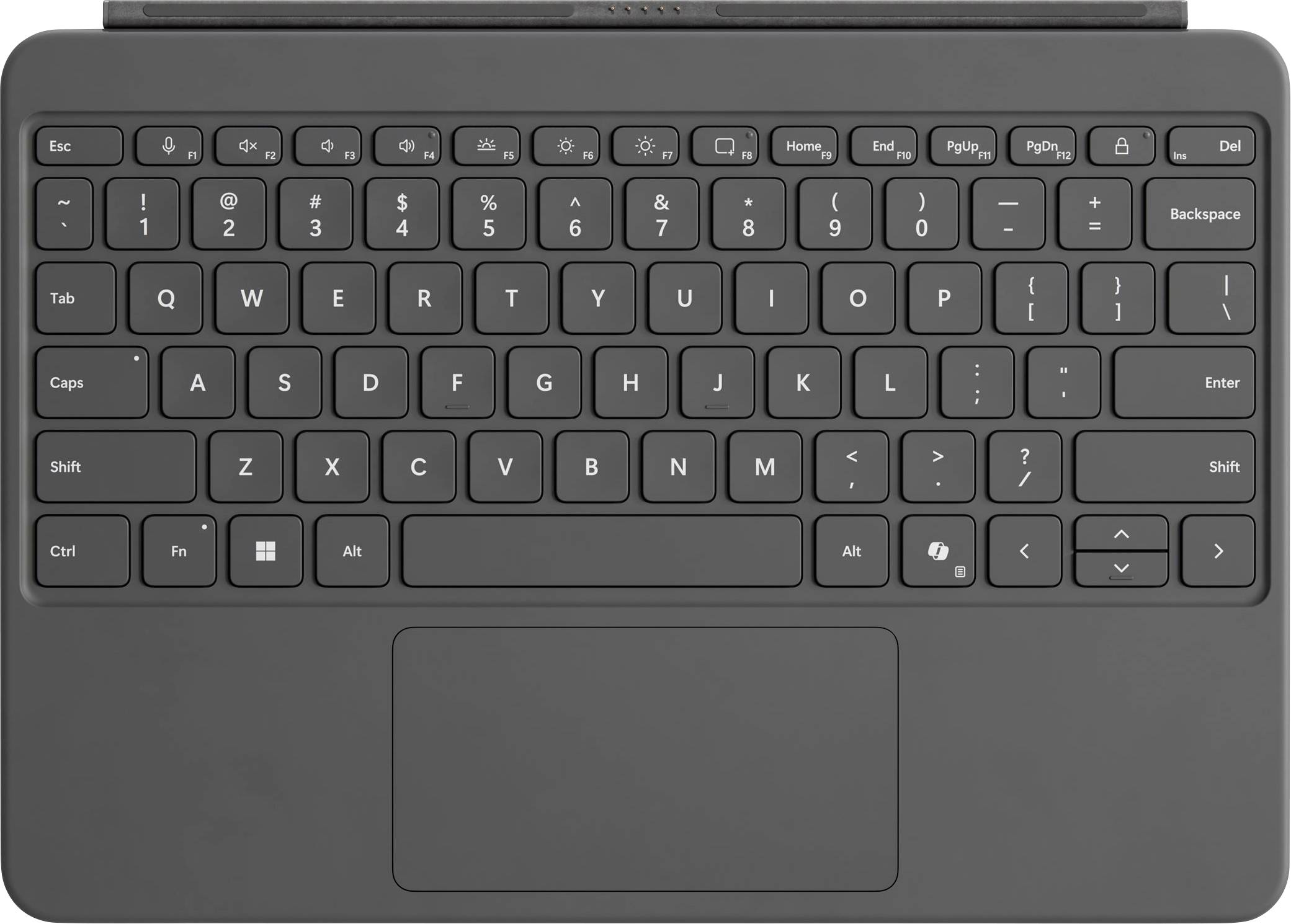 Draufsicht einer schwarzen Laptop-Tastatur mit Touchpad, mit Standard-Layout einschließlich Funktionstasten, Zahlentasten und Pfeiltasten.