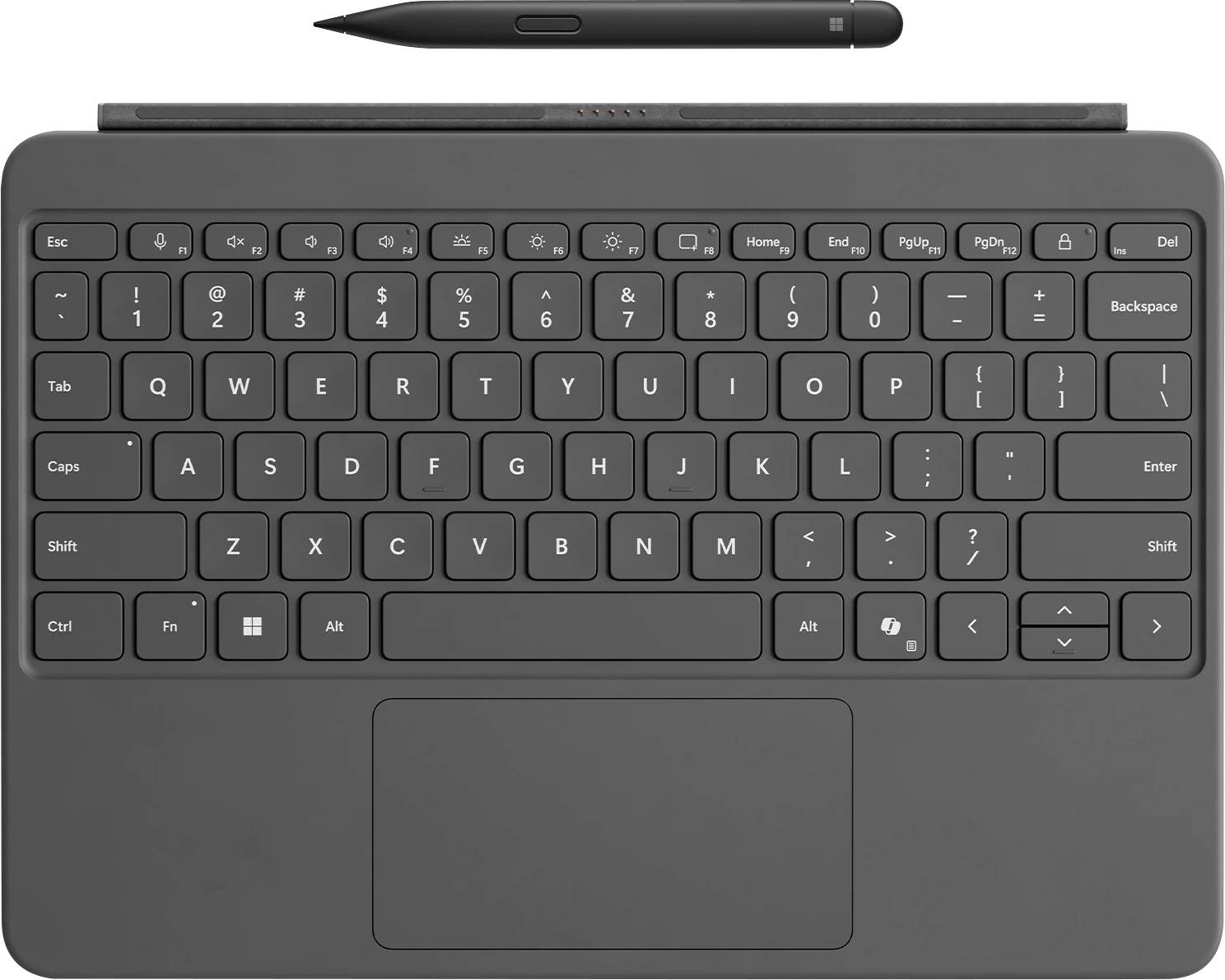 Eine schwarze Tastatur mit einem Touchpad darunter und einem Griffel, der parallel darüber platziert ist. Die Tastatur verfügt über Funktions- und Pfeiltasten.