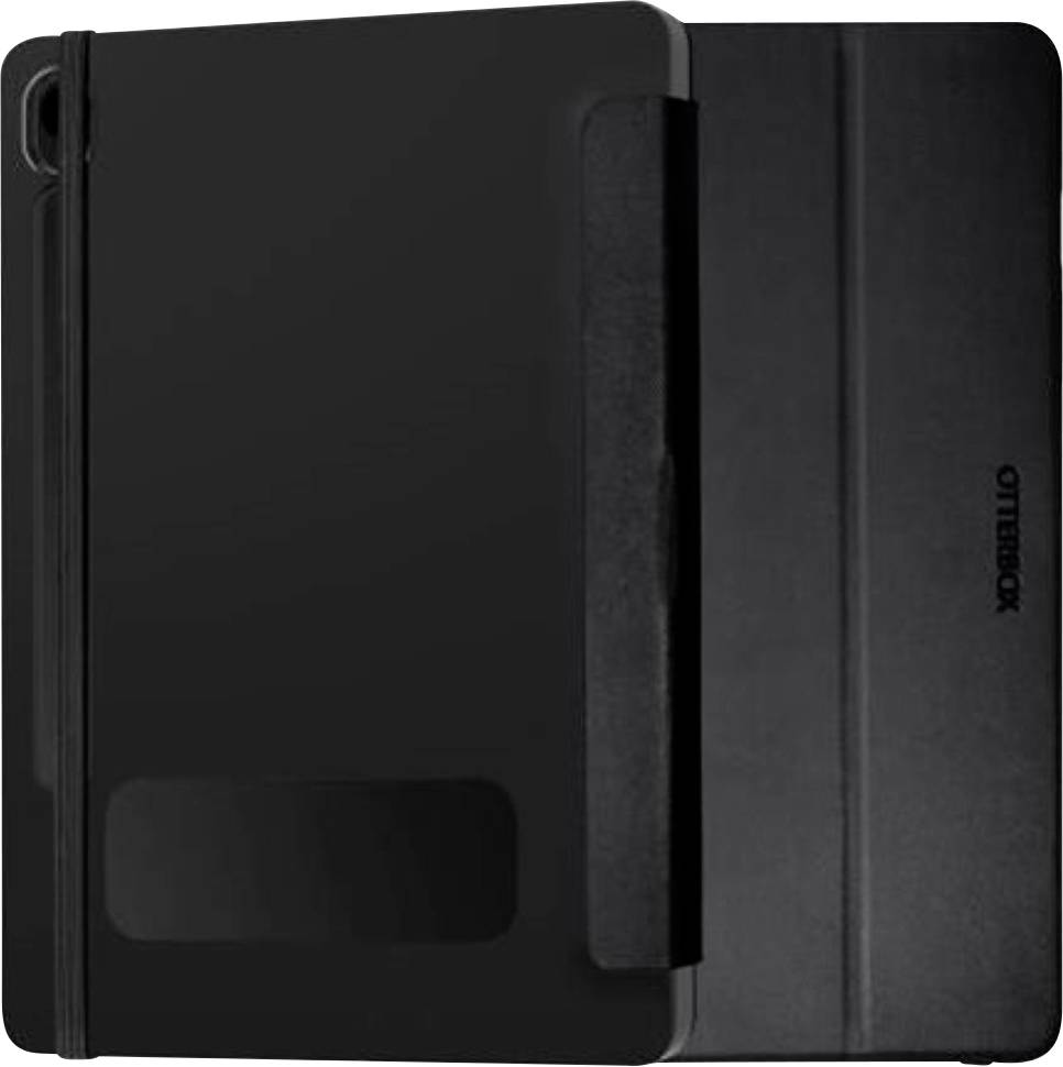 Eine schwarze OtterBox Tablet-Hülle, halb geschlossen, die ihre strukturierte Oberfläche und das elastische Band zeigt, entwickelt zum Schutz und zur Sicherung des Geräts.