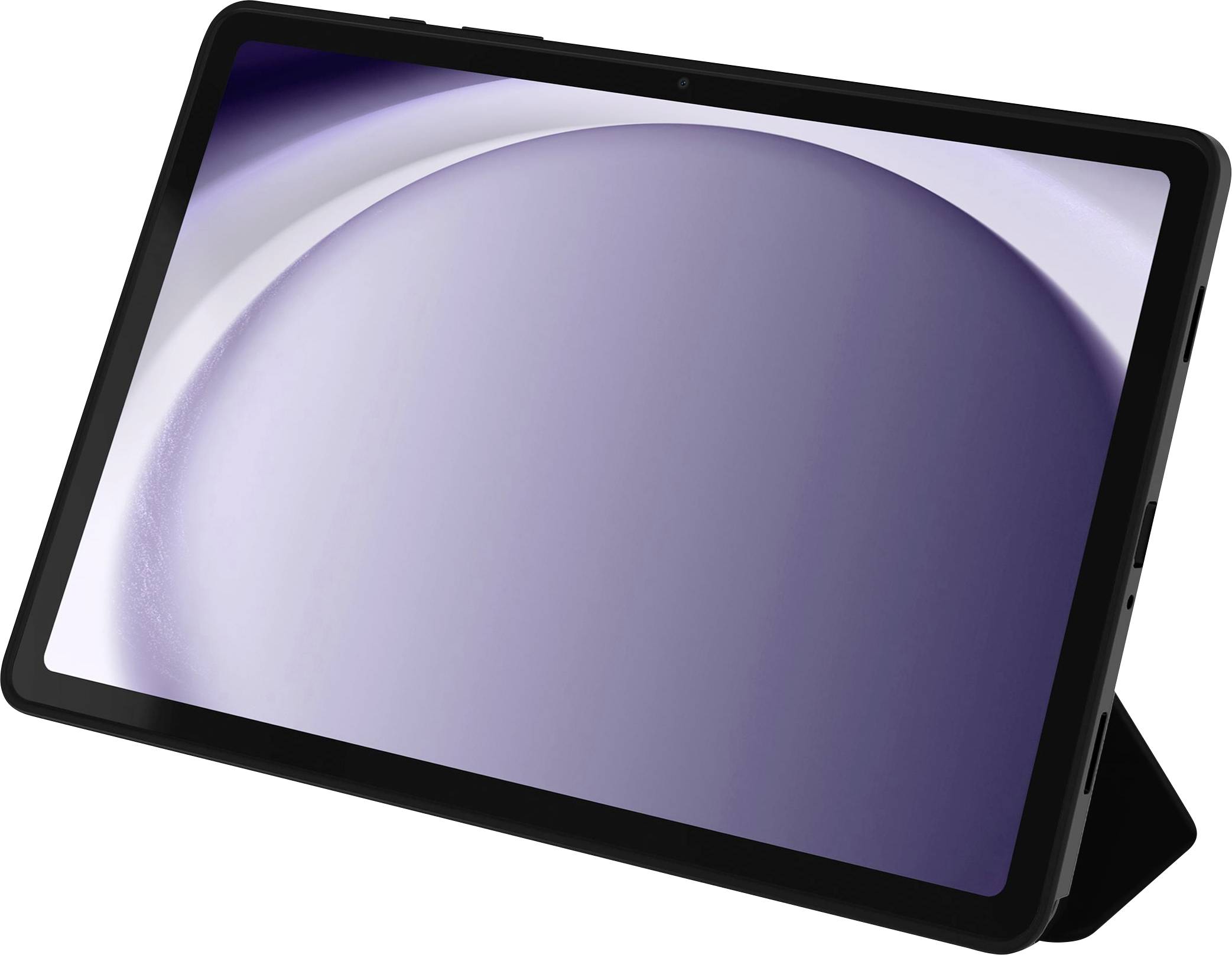 Ein schwarzes Tablet mit einem abstrakten Design in Lila und Weiß auf dem Bildschirm, unter einem Winkel präsentiert, gestützt von einem Ständer.