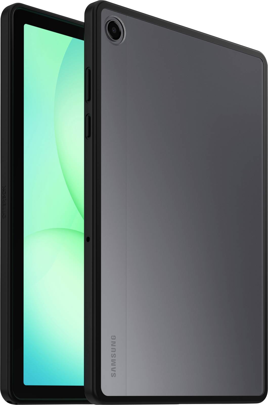 Ein schlankes, schwarzes Samsung-Tablet mit einem großen Bildschirm, auf dem ein grüner abstrakter Hintergrund zu sehen ist, schräg positioniert, um ein schmales Profil und die Kamera zu zeigen.