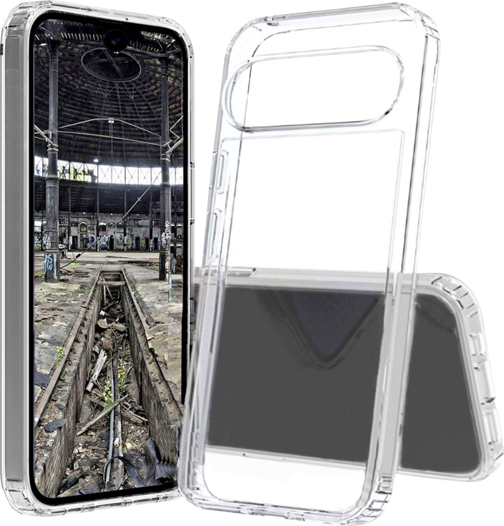 Transparente Handyhülle, die ein Smartphone mit dem Bild eines verlassenen Industriegebäudes auf dem Bildschirm zeigt, versehen mit Gleisen und Graffiti.