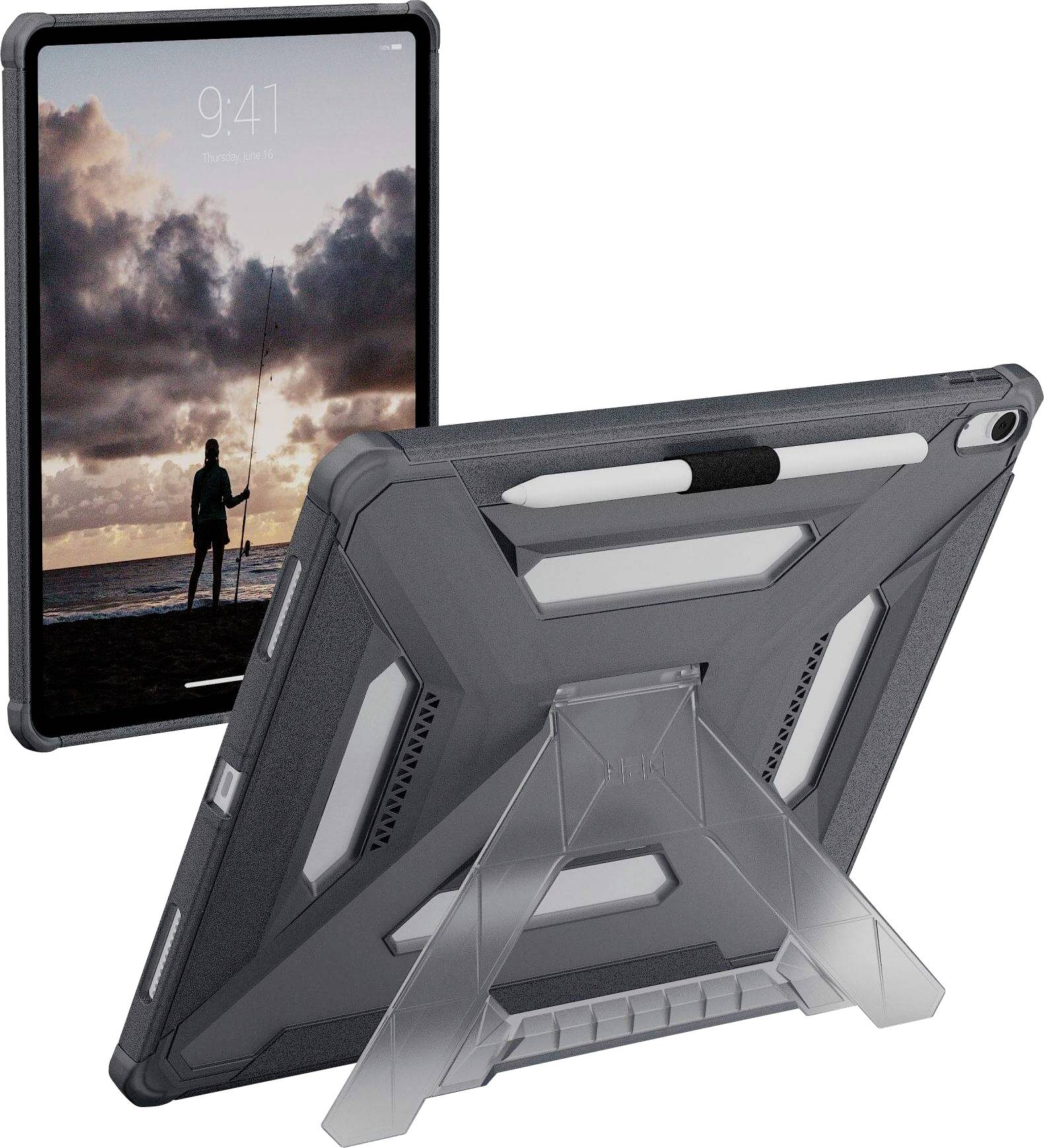 Ein schwarzes iPad in einer Schutzhülle mit integriertem Ständer, auf dessen Display eine Sonnenuntergangs-Angelszene zu sehen ist. Ein Stylus ist an der Hülle befestigt.