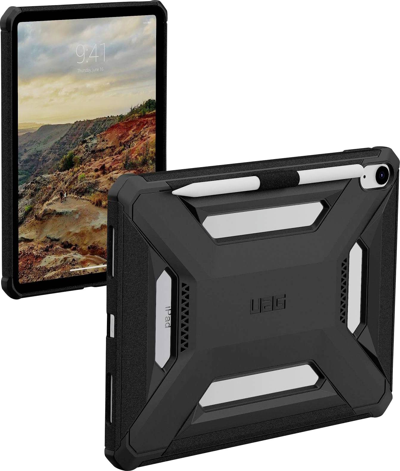 Ein robustes Tablet-Gehäuse ist zu sehen, das sein widerstandsfähiges Design und den integrierten Griffelhalter präsentiert, mit einer malerischen Landschaftsszene auf dem Tablet-Bildschirm.