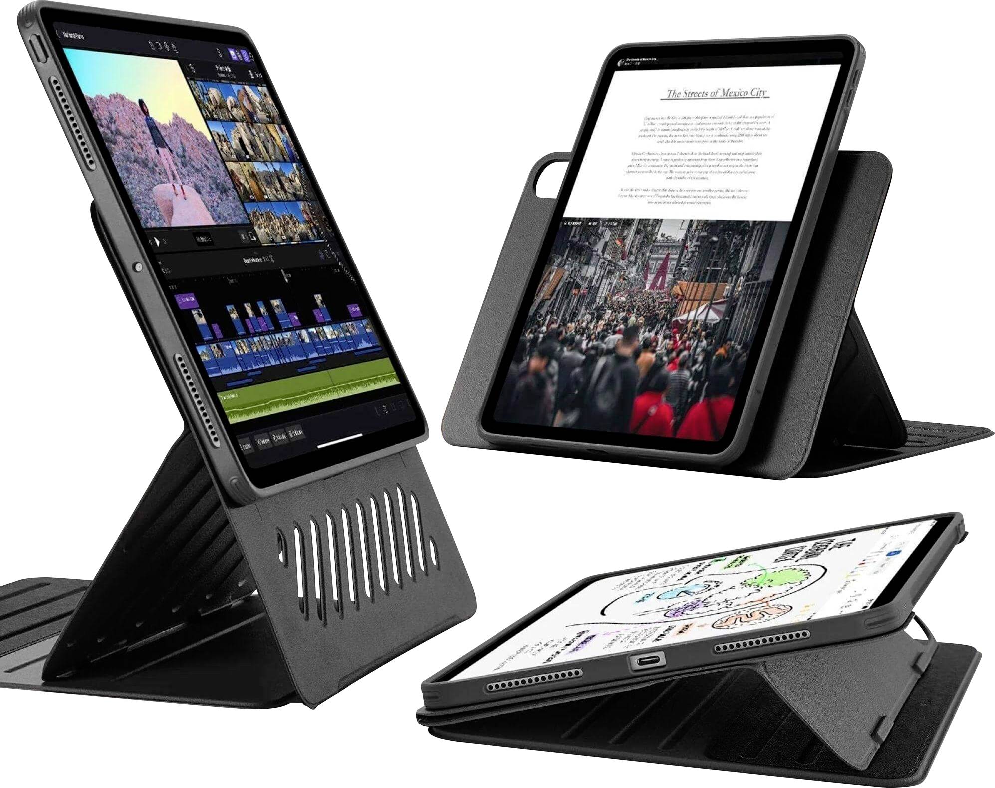 Drei Tablet-Computer in schwarzen Gehäusen, in verschiedenen Ausrichtungen dargestellt: eines beim Videobearbeiten, eines beim Lesen von Text und eines, das eine farbenfrohe Gedankenkarte zeigt.