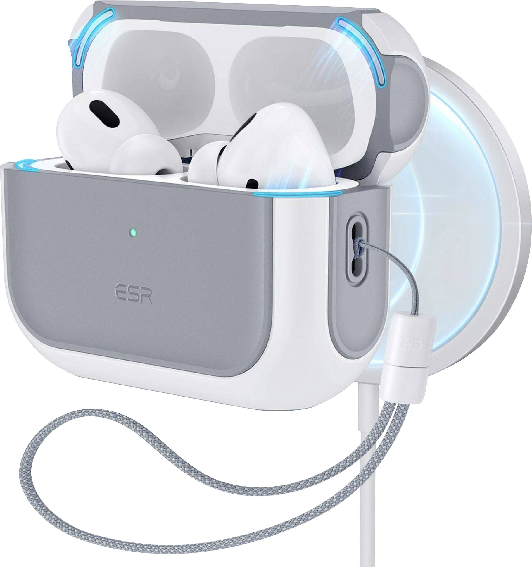 Kabellose Ohrhörer in einem Ladeetui, das an einem Wandladegerät montiert ist, mit einem leuchtend blauen Licht, das eine kompakte Ladeeinrichtung hervorhebt.