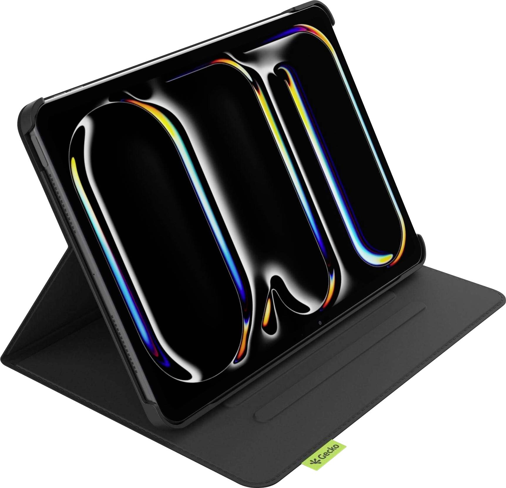 Ein Tablet in einem schwarzen Gehäuse zeigt ein lebendiges, abstraktes Muster mit fließenden Linien und farbenfrohen Akzenten auf seinem Bildschirm.