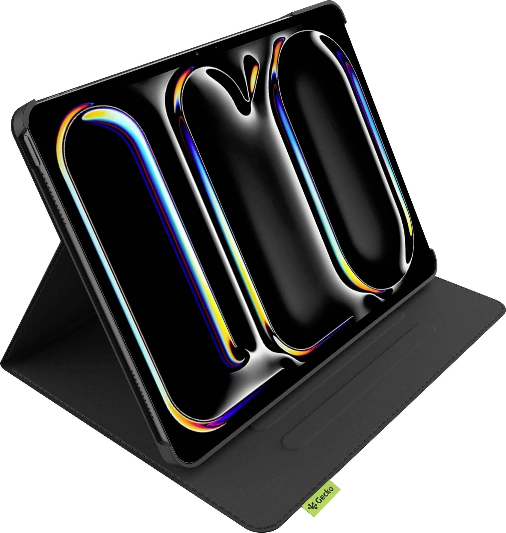 Ein Tablet in einem schwarzen Etui ist in einem Winkel aufgestellt. Der Bildschirm zeigt ein farbenfroher, abstrakter Entwurf auf einem dunklen Hintergrund.