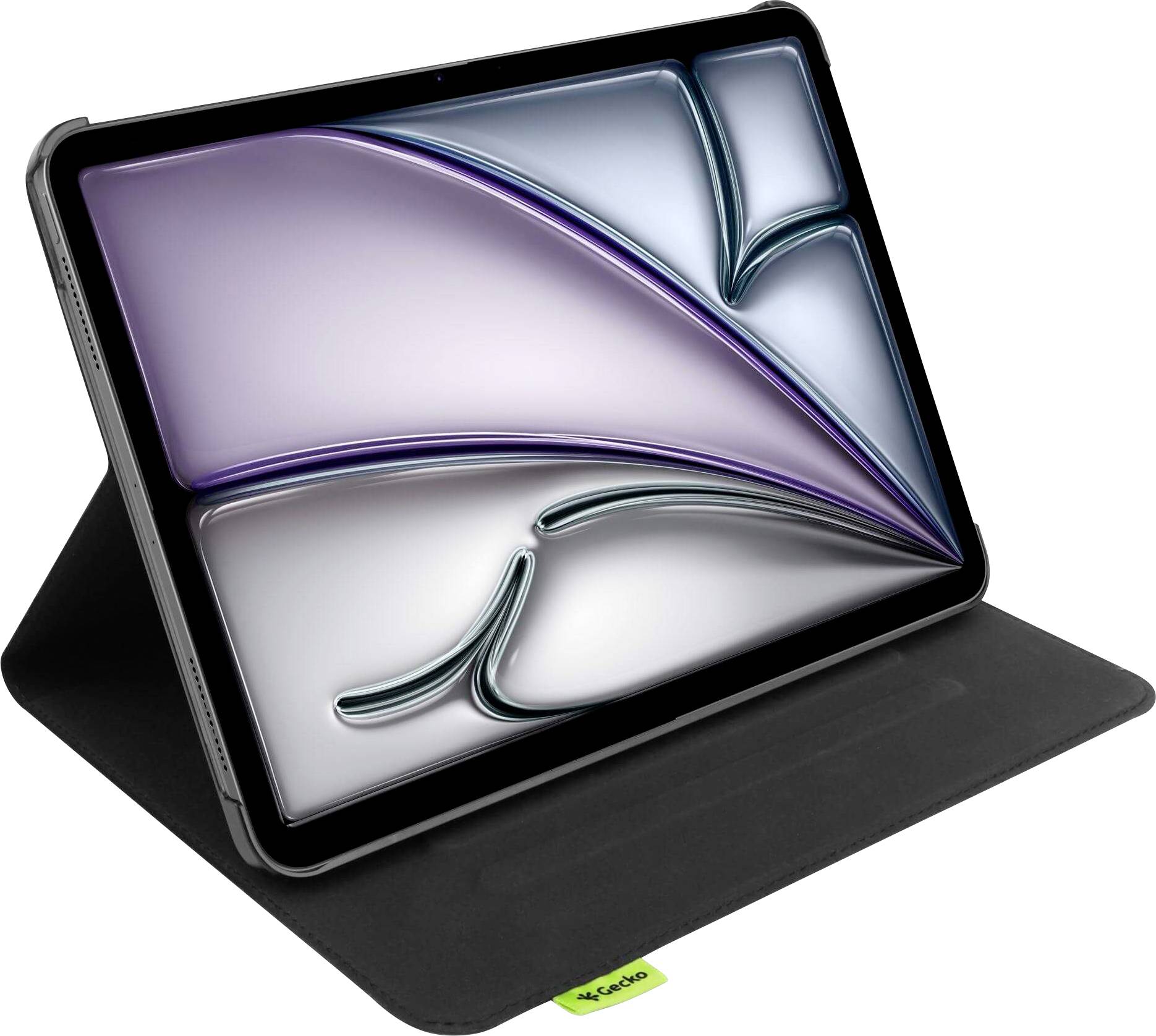 Ein Tablet mit einem stilisierten abstrakten lila und silbernen Design auf dem Bildschirm, platziert auf einem schwarzen Ständer mit einem kleinen grünen Etikett.