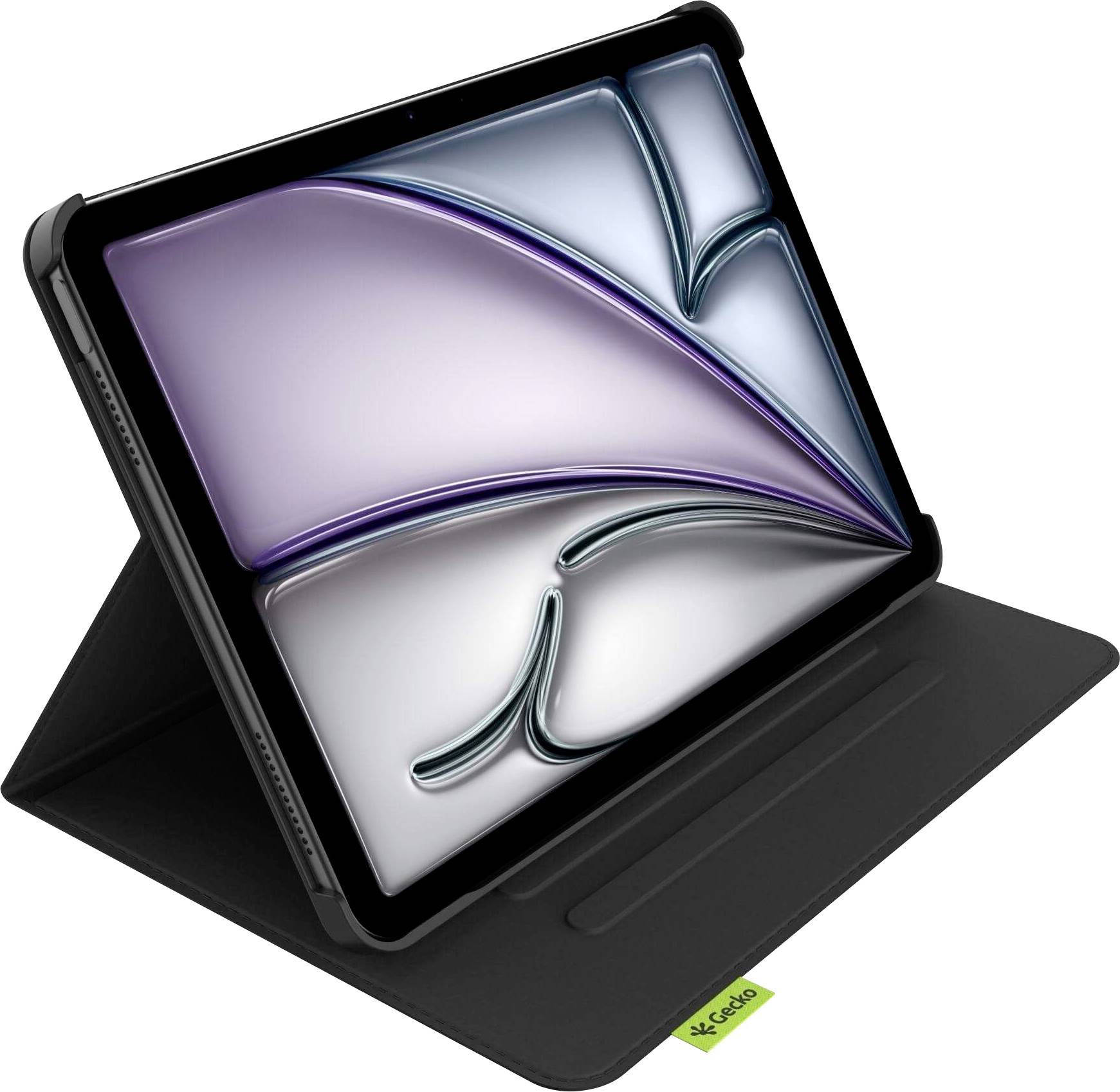 Ein Tablet in einem schwarzen Folio-Etui ist geöffnet und zeigt ein abstraktes, farbenfrohes Design auf dem Bildschirm. Am Fuß des Etuis ist ein grünes Etikett zu sehen.