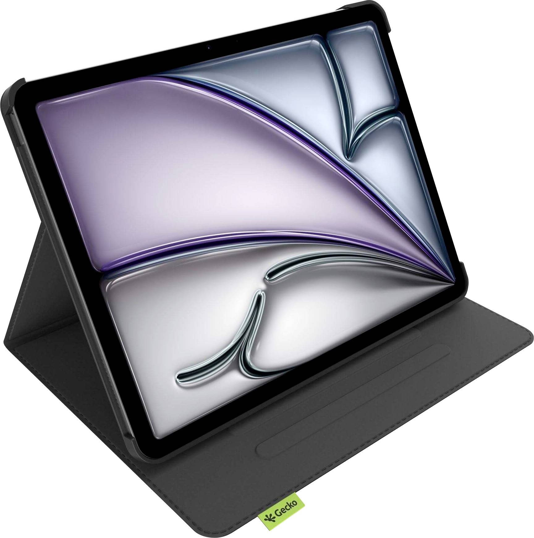 Ein Tablet mit einem bunten abstrakten Design auf dem Bildschirm liegt auf einem schwarzen Ständer. Ein kleiner grüner Anhänger mit dem Text ‚GoGo' ist am Ständer sichtbar.