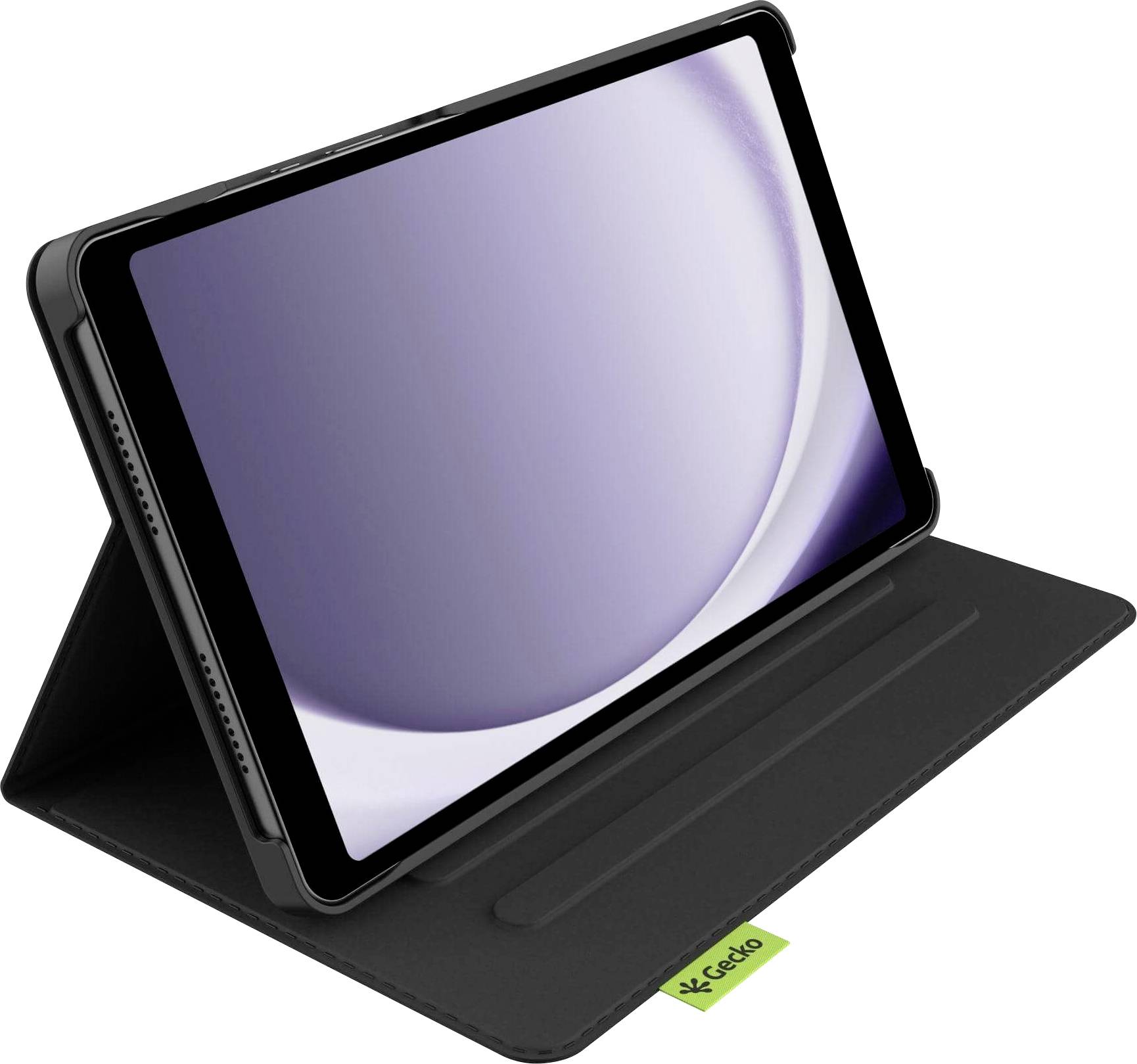Ein Tablet in einem schwarzen faltbaren Etui, aufgeklappt und mit einem leeren Bildschirm. Das Etui hat einen kleinen grünen Anhänger mit einem Logo.