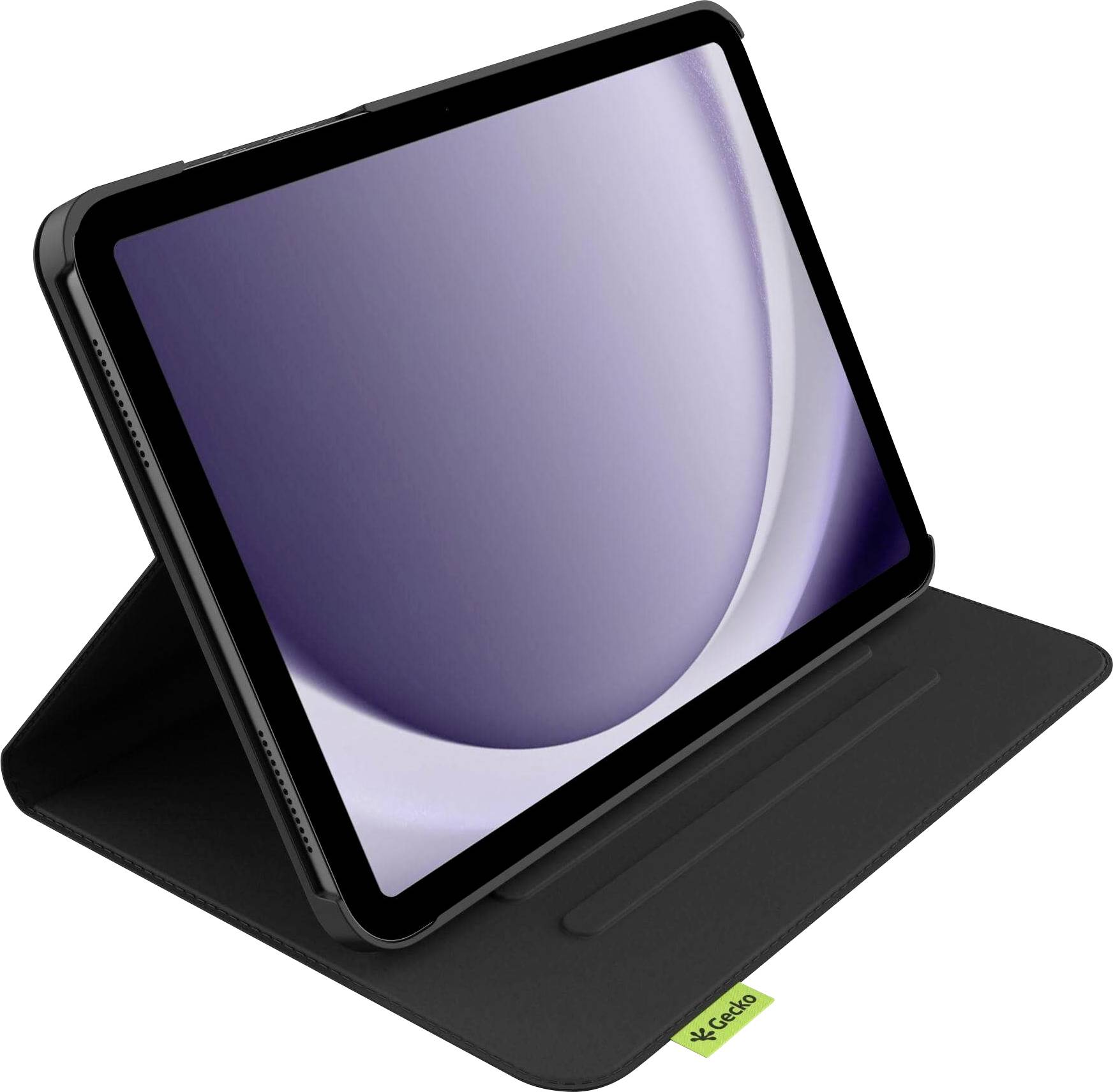 Ein Tablet in einem schwarzen Etui steht aufrecht, wobei es einen leeren Bildschirm mit einem sanften Farbverlauf von Hellviolett zu Dunkelviolett zeigt.