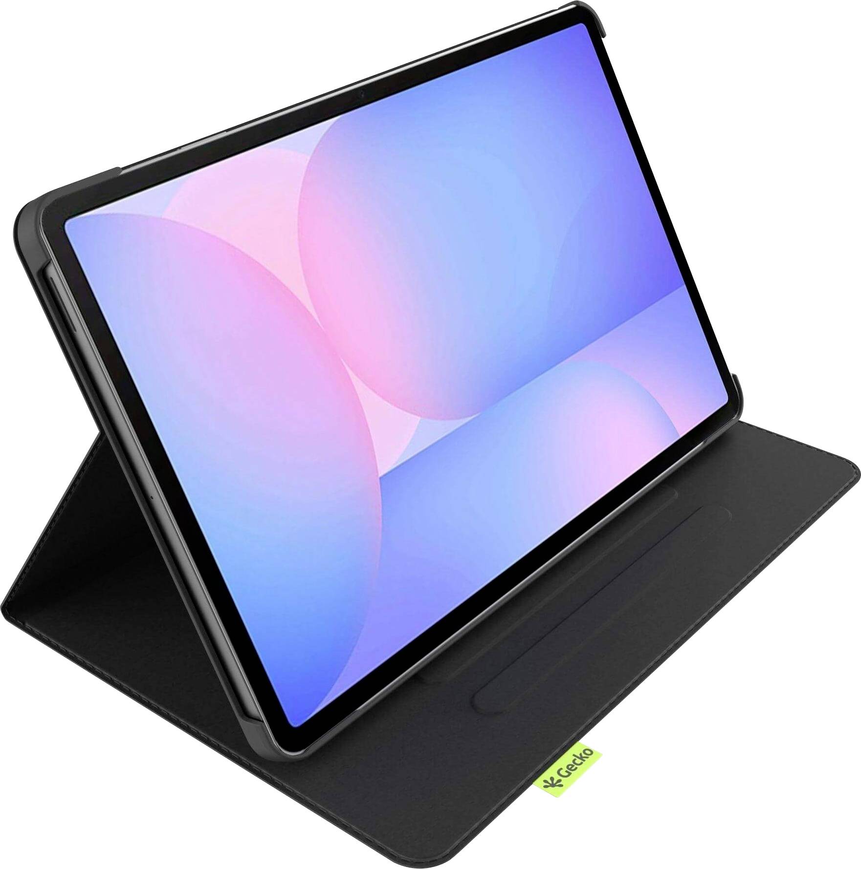 Ein schwarzes Tablet mit einem bunten abstrakten rosa und blauen Bildschirm wird in einem schwarzen Klappständer präsentiert, vor einem weißen Hintergrund.