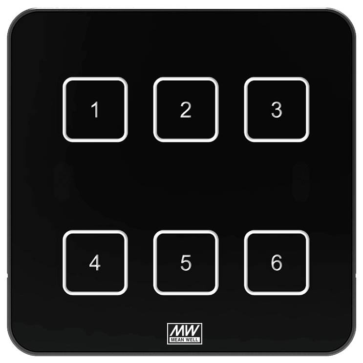 Ein schwarzes Touchpanel mit sechs nummerierten Tasten, angeordnet in zwei Reihen. Die Beschriftung ‚MW Mean Well' befindet sich unten in der Mitte.
