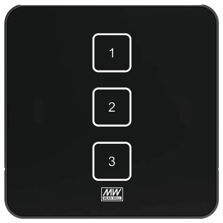 Ein quadratisches Bedienfeldtaster mit drei vertikal ausgerichteten Tasten, beschriftet mit '1', '2', '3'. Das Logo der Marke 'Mean Well' befindet sich am unteren Rand.
