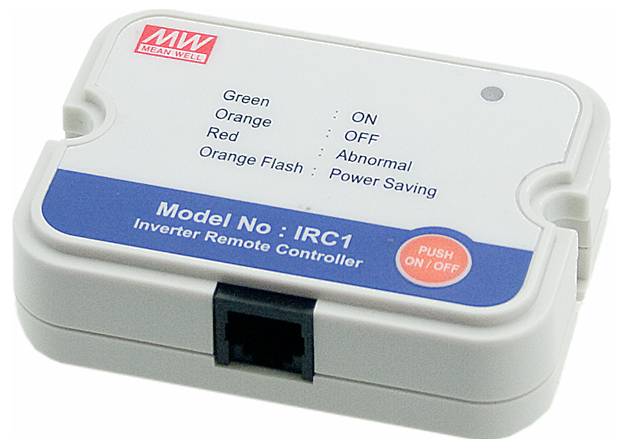 Inverter-Fernbedienung, Modell-Nr.: IRC1. Zeigt Status mit LED-Anzeigen: Grün für EIN, Orange für AUS, Rot für Störung, Orange blinkend für Energiesparmodus. Enthält Drucktaste für Ein/Aus.