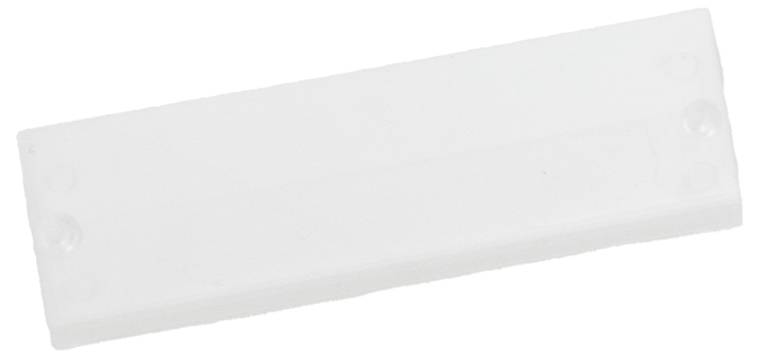 Ein rechteckiges, flaches, weißes Objekt mit vier kleinen kreisförmigen Vorsprüngen an den Ecken.