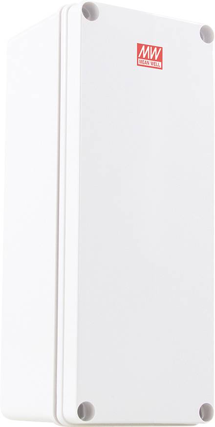 Ein weißes, rechteckiges Gerät mit einem 'MW'-Logo auf der Oberseite, das an jeder Ecke vier sichtbare Befestigungspunkte aufweist.