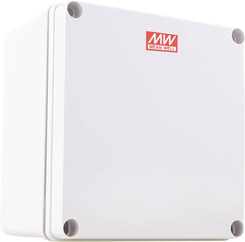 Ein weißes, quadratisches elektrisches Gehäuse mit dem roten 'MW Mean Well' Logo auf der Oberseite, ausgestattet mit abgerundeten Ecken und einer glatten Oberfläche.