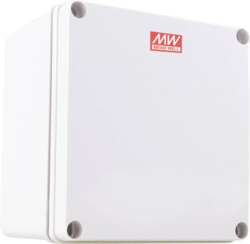 Ein schlichtes weißes, rechteckiges Gehäuse mit einem roten 'Mean Well' Logo auf der Oberseite.