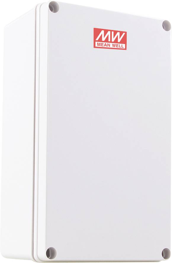 Eine rechteckige weiße elektronische Gehäuse mit einem roten 'MEAN WELL' Logo auf der Oberseite.
