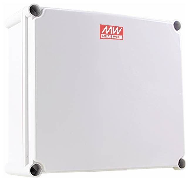 Eine weiße quadratische elektrische Verteilerdose mit der Beschriftung 'MW MEAN WELL' in Rot am oberen Rand, entwickelt zur Aufnahme elektronischer Komponenten.