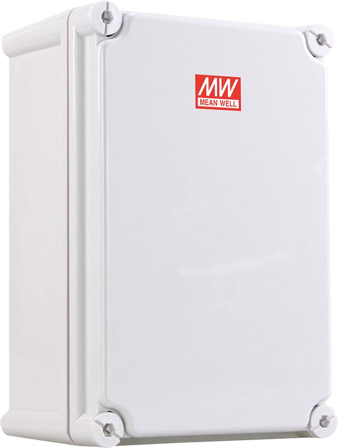 Ein weißes rechteckiges elektrisches Gehäuse mit einem roten und weißen 'MW Mean Well' Logo auf der Vorderseite.