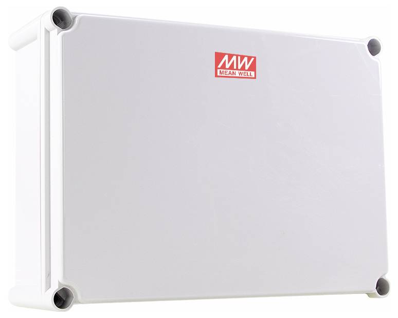 Eine rechteckige, graue elektrische Anschlussbox mit einem roten 'MW Mean Well' Logo in der Mitte oben, die abgerundete Eckverstärkungen aufweist.