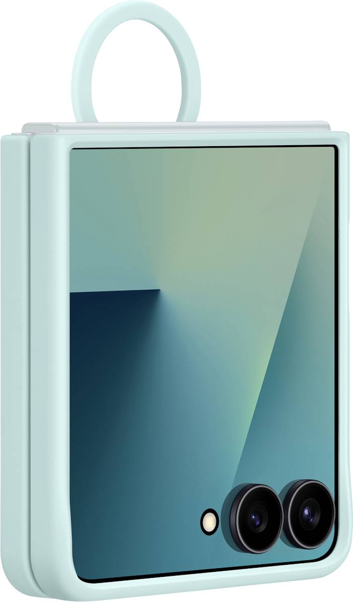 Ein Smartphone mit türkisfarbener Gehäuse, ausgestattet mit Dual-Kameras und einem kleinen Ring oben. Der Bildschirm zeigt einen Farbverlauf von dunkel- bis hellgrün.