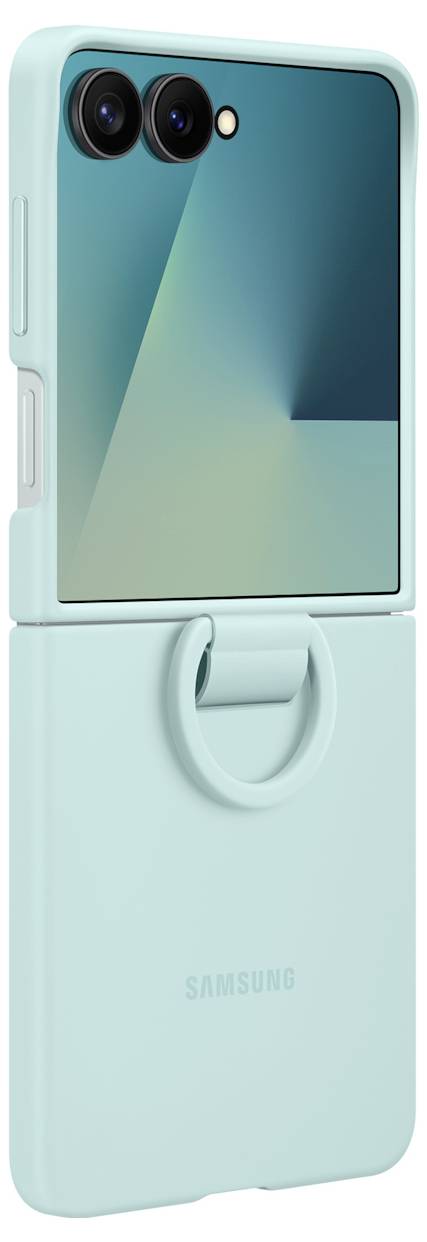 Eine hellblaue Smartphone-Hülle mit integriertem Ringhalter wird gezeigt, die für ein faltbares Samsung-Telefon mit zwei Kameraobjektiven entwickelt wurde.