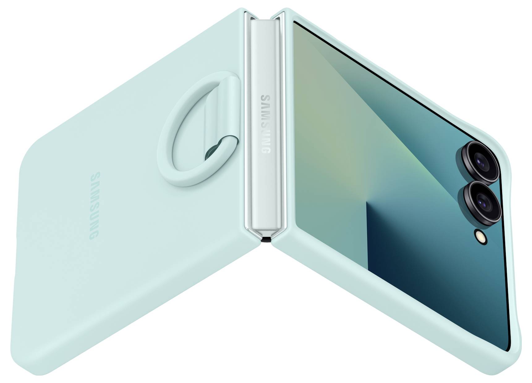 Faltbares Smartphone teilweise geöffnet in einer pastellgrünen Hülle, mit zwei Rückkameras und glänzender Scharnier mit eingravierter 