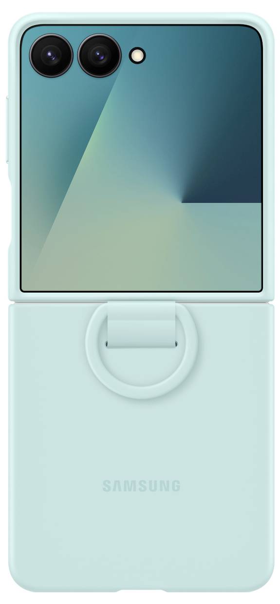 Ein Smartphone in einem mintgrünen faltbaren Etui, teilweise geöffnet, mit einem geometrischen abstrakten blau-grünen Bildschirm auf dem Frontdeckel.