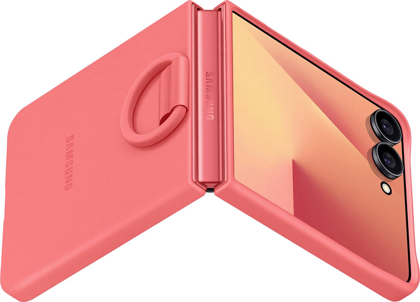 Ein rotes faltbares Smartphone mit dualen Rückkameras und einer Schlaufe am Scharnier, das sein flexibles Design und seine moderne Ästhetik unterstreicht.