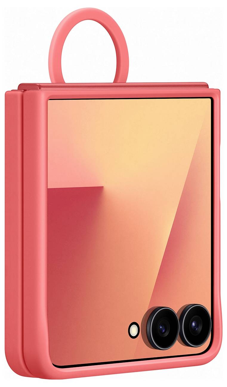 Ein schlankes, modernes Smartphone mit faltbarem Design und Dual-Kameras auf einer glänzenden, Farbverlauf-orangefarbenen Rückseite. Die Scharnier des Telefons und der Ring sind ebenfalls sichtbar.