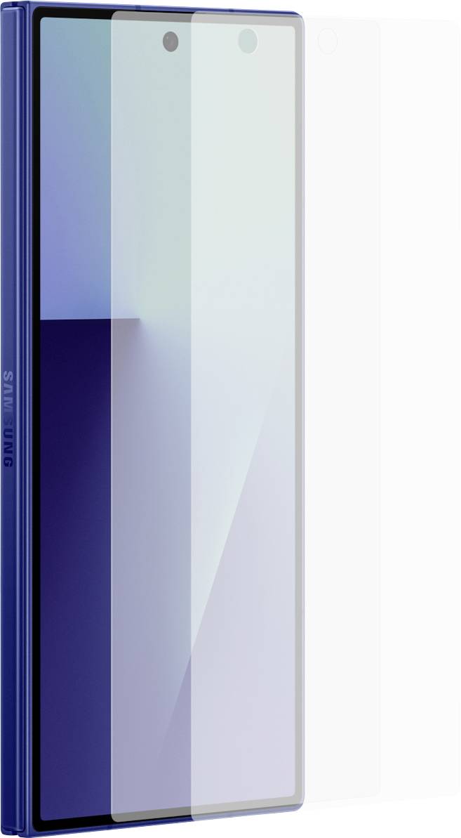 Ein blaues Smartphone mit einem großen, randlosen Bildschirm wird gezeigt, wobei ein Panzerglas-Displayschutz zur Hälfte aufgeklebt ist und seine Abdeckung hervorhebt.