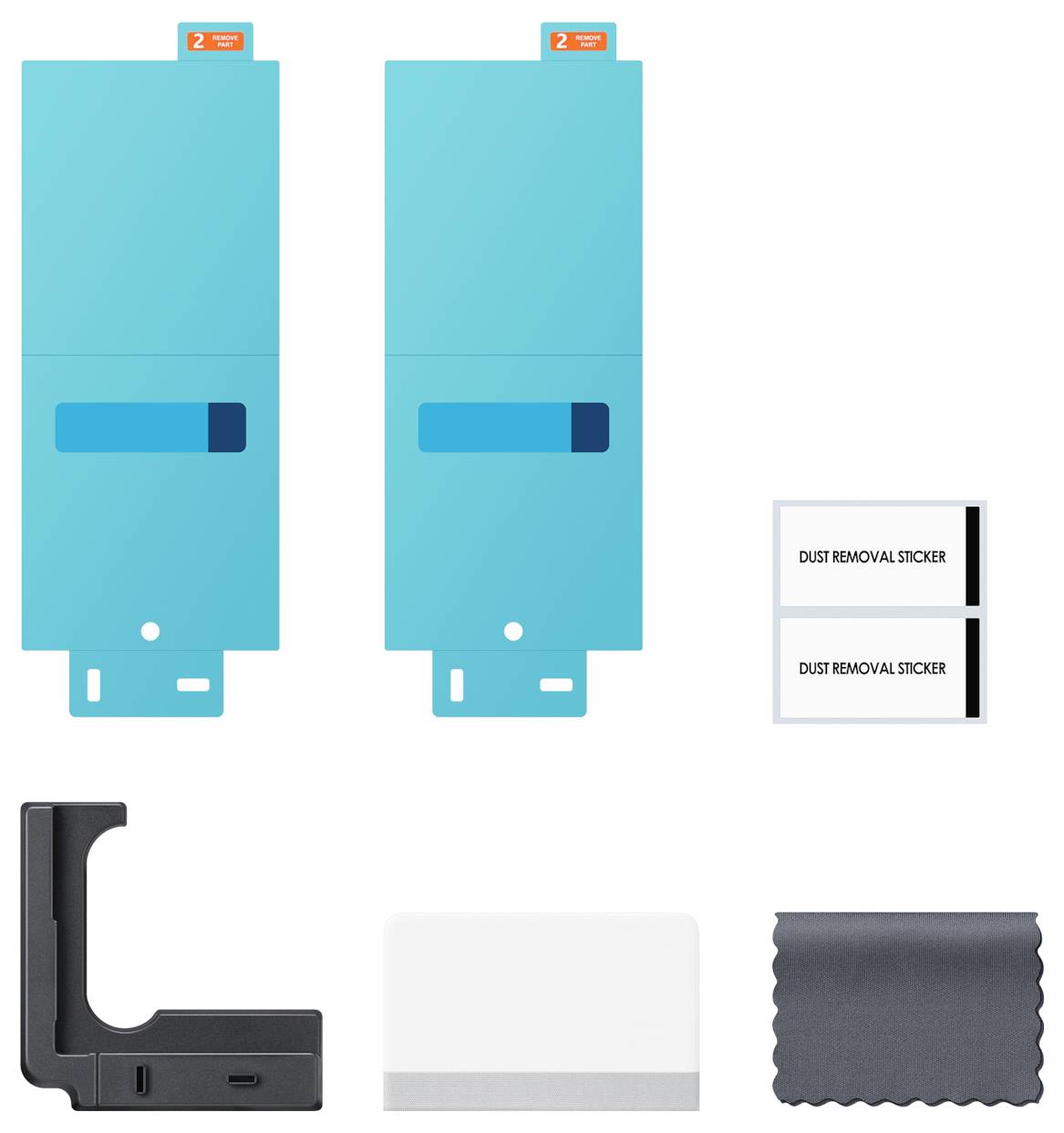 Schutzfolien-Installationsset enthält zwei blaue Schutzfolien, zwei Staubremovesticker, schwarzes Installationswerkzeug, weiße Karte und Reinigungstuch.
