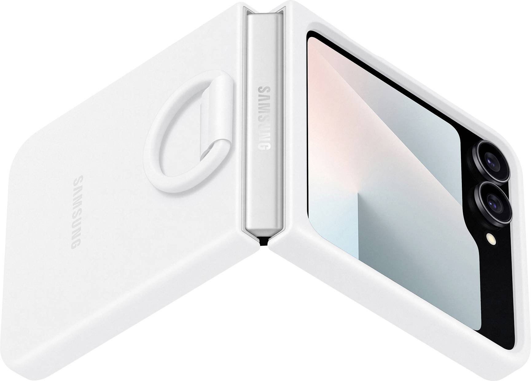 Ein weißes Klapp-Smartphone mit dualen Rückkameras, teilweise geöffnet, das sein elegantes Design und minimalistischen Stil präsentiert.